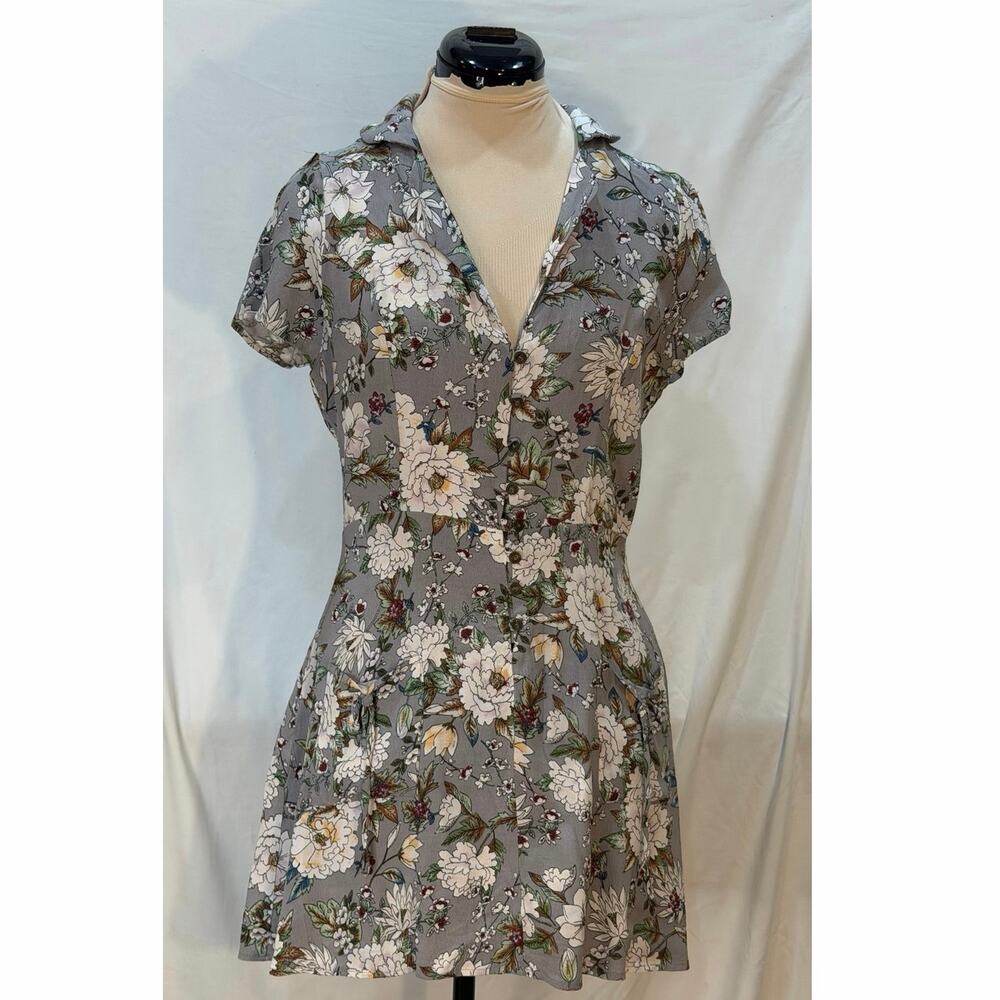 Dress Forum Floral Button Front Mini Dress Size M Gray Peony Cottagecore